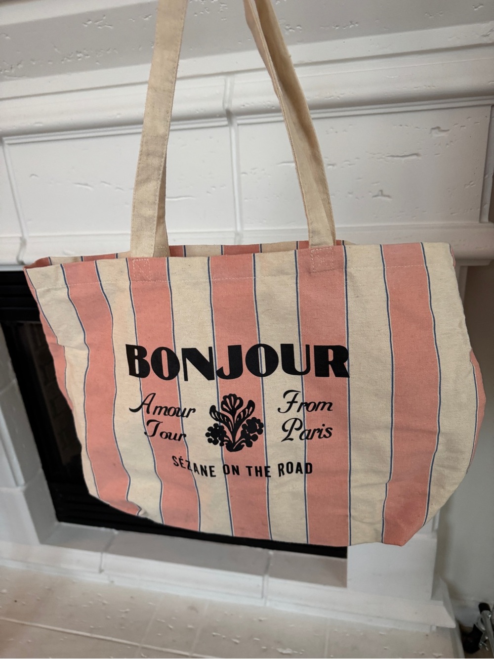 Sézane Pink and Cream Striped Bonjour Amour from Paris Canvas Tote - Picture 2 of 3